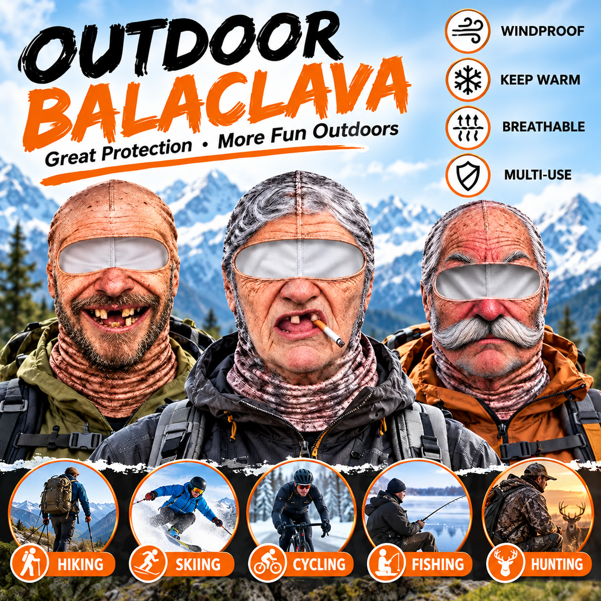 Old Man Ski Winter Face Mask 3D Funny Realistic Face Balaclava Party Gear