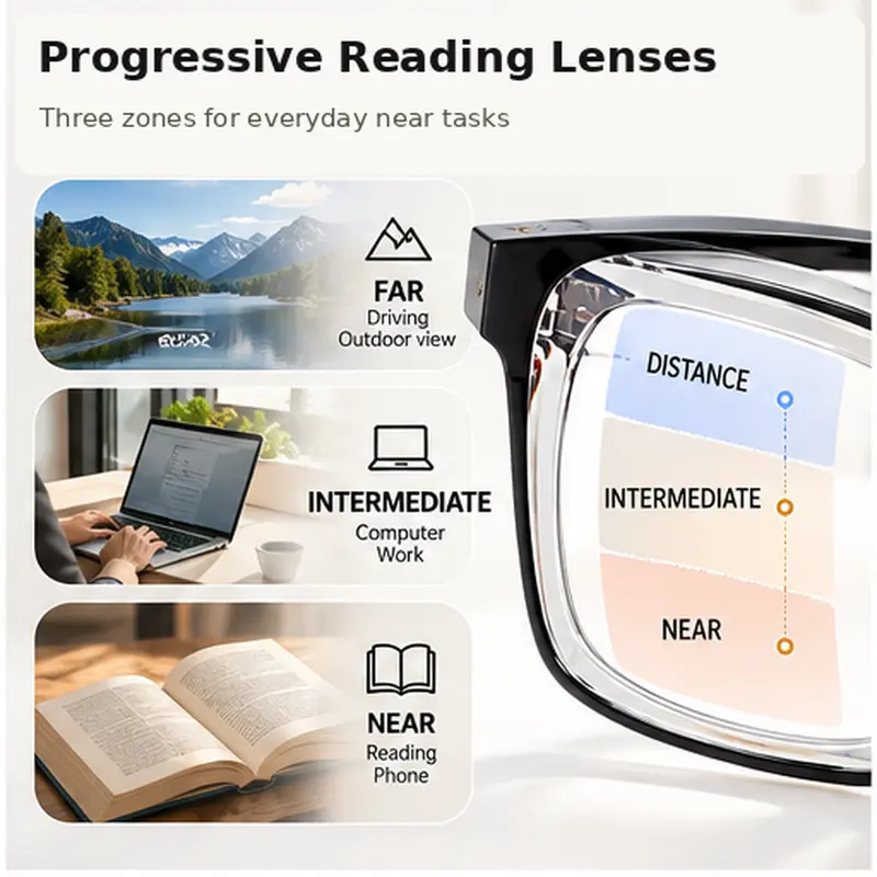 Unisex Progressive Multifocus Reading Glasses, Photochromic Blue Light Blocking Lenses, Lightweight Square Frame for Reading Computer