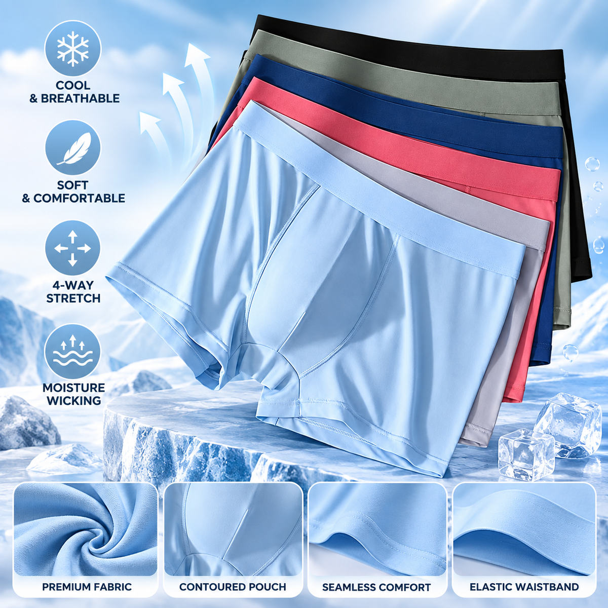 Summer Ice Silk Men Boxer Briefs, Breathable Cooling Comfort Underwear