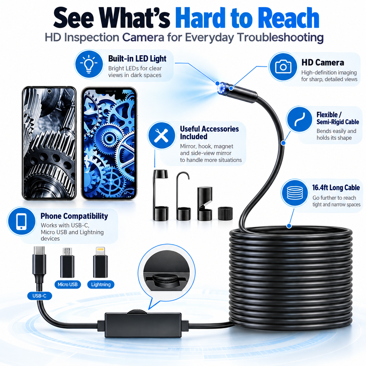 🔥16.4ft HD Endoscope Camera for iPhone & Android