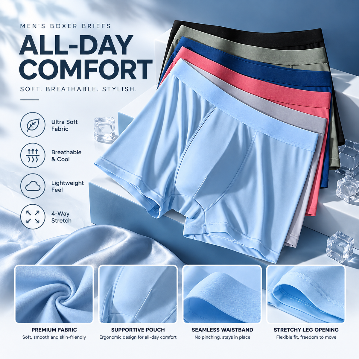 Summer Ice Silk Men Boxer Briefs, Breathable Cooling Comfort Underwear