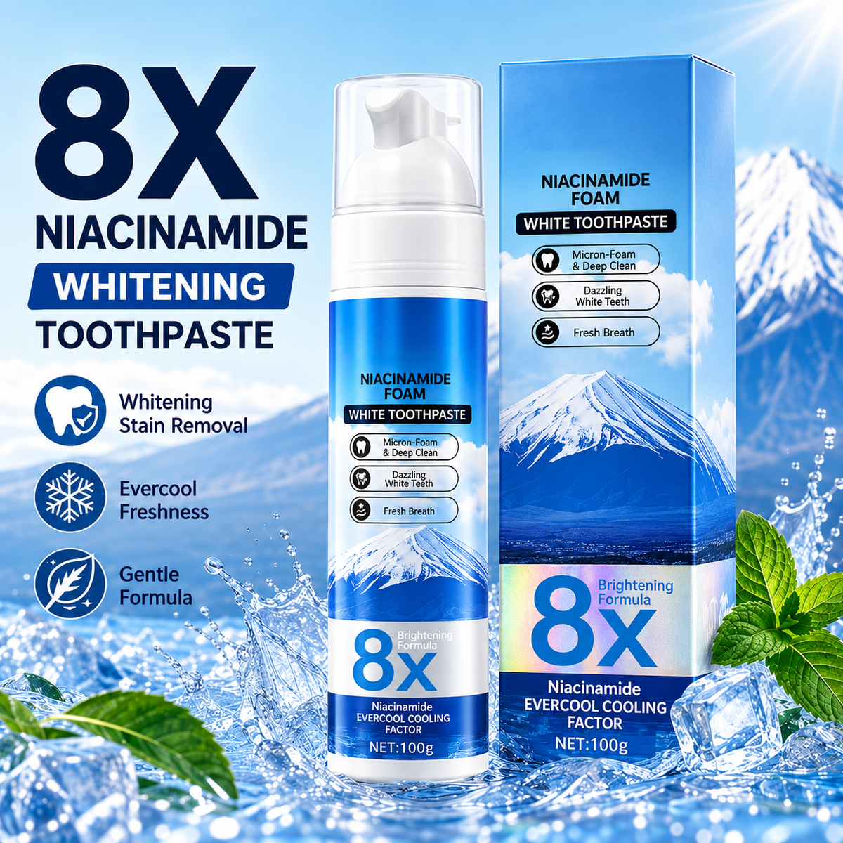 Niacinamide Foaming Whitening Toothpaste 8X - Fresh Breath Stain Removal Gentle Teeth Cleaning 100ml-D