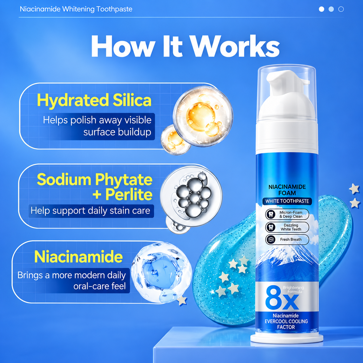 Niacinamide Foaming Whitening Toothpaste 8X - Fresh Breath Stain Removal Gentle Teeth Cleaning 100ml-D