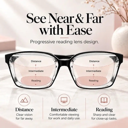 Unisex Progressive Multifocus Reading Glasses, Photochromic Blue Light Blocking Lenses, Lightweight Square Frame for Reading Computer