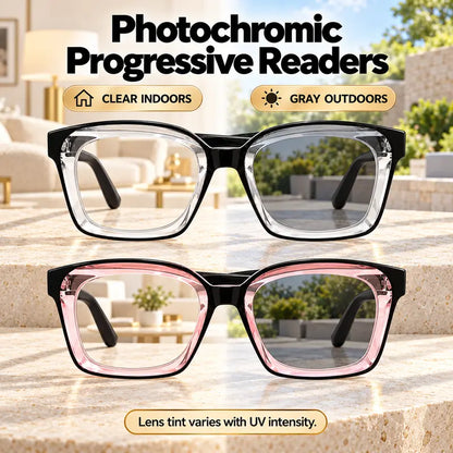 Unisex Progressive Multifocus Reading Glasses, Photochromic Blue Light Blocking Lenses, Lightweight Square Frame for Reading Computer